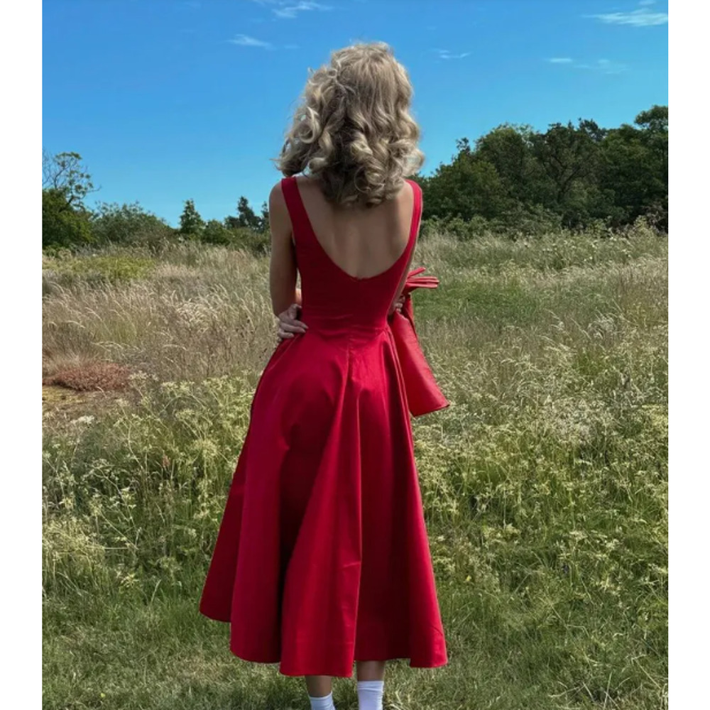 Helsa Red Stretch Cotton Sateen Midi Dress - Picture 8 of 12